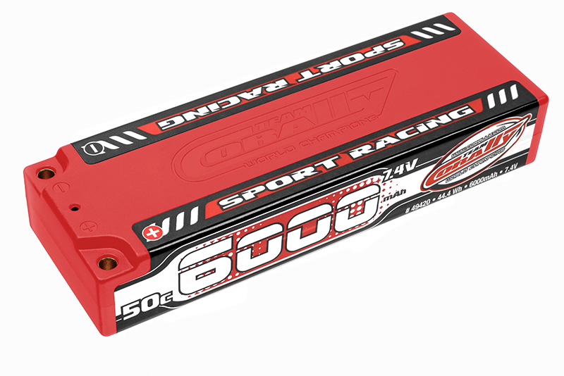 6000mAh 7.4v 2S 50C Hardcase Sport Racing LiPo Battery - 4mm bullets